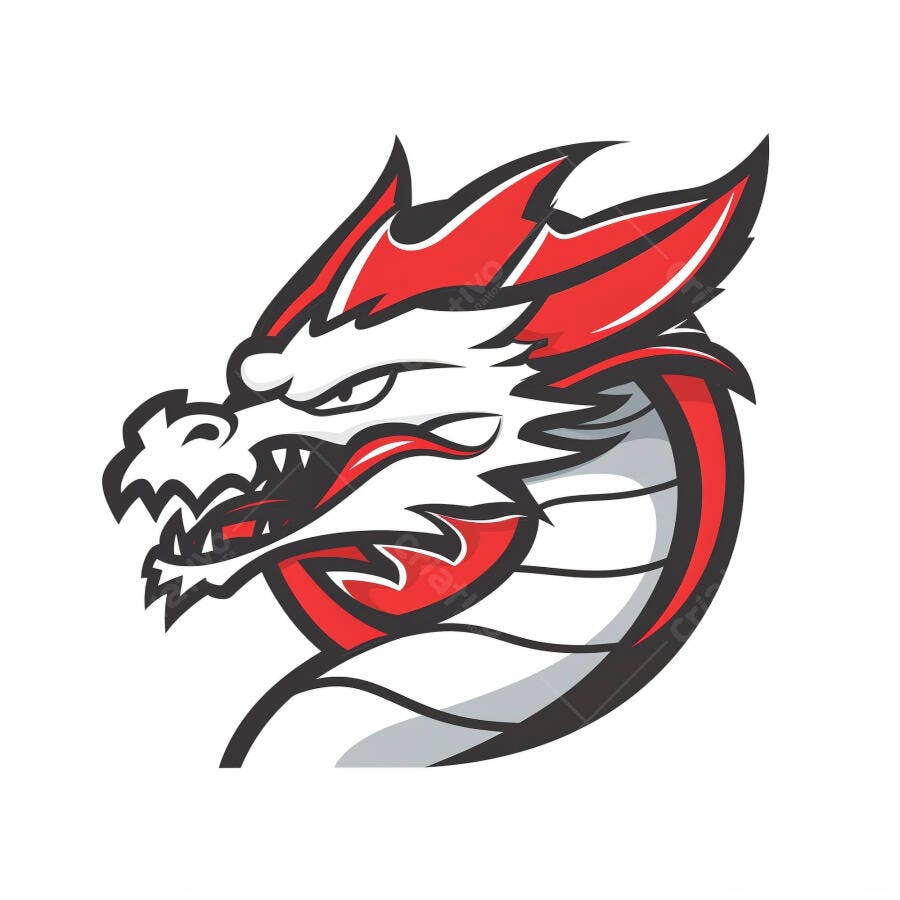 Dragão vermelho e branco com expressão feroz em estilo mascote