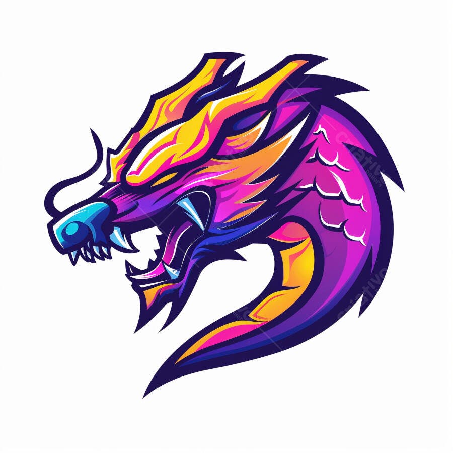 Dragão roxo e amarelo com boca aberta dentes afiados ilustração vibrante