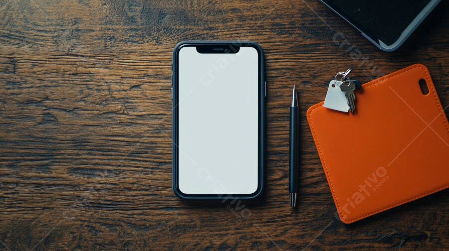 Smartphone com tela branca em mesa de madeira com caneta e chaves