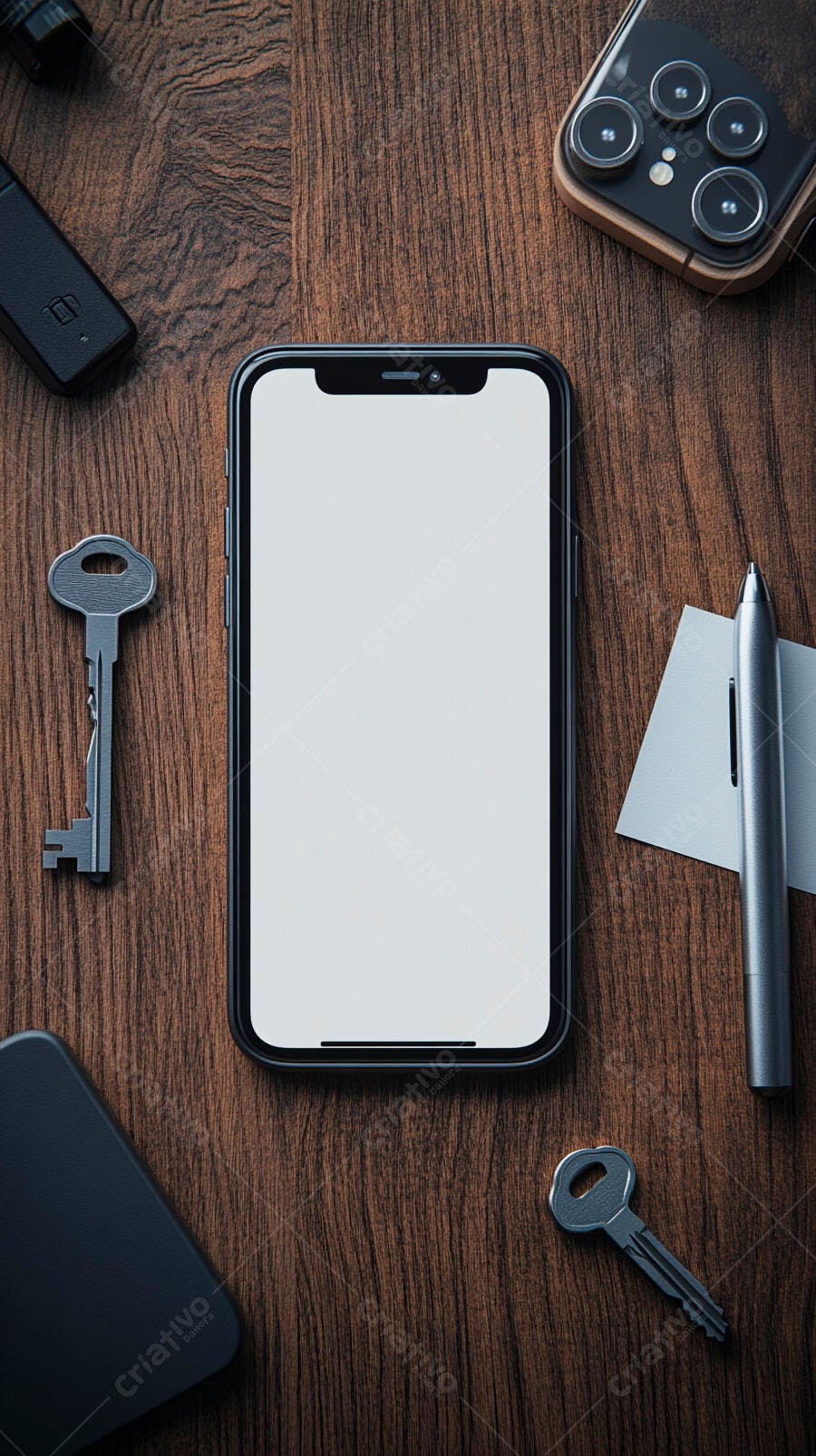 Smartphone mockup tela branca em mesa de madeira com chaves e dispositivos tecnológicos