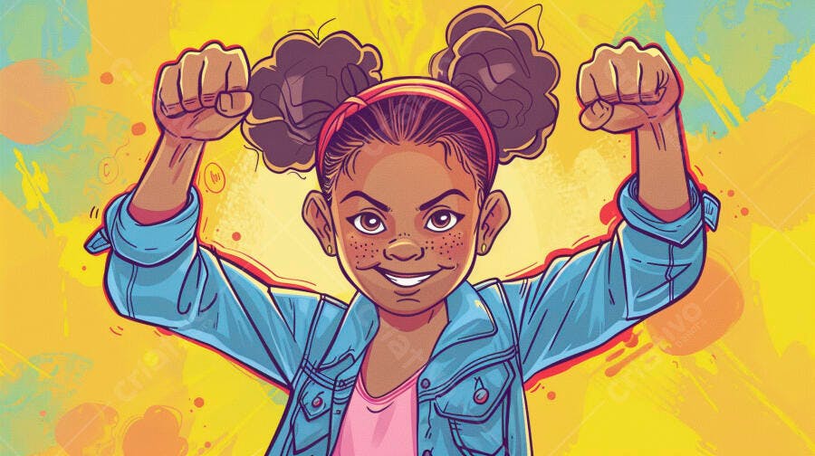 Menina negra com punhos cerrados e sorriso confiante ilustração vibrante