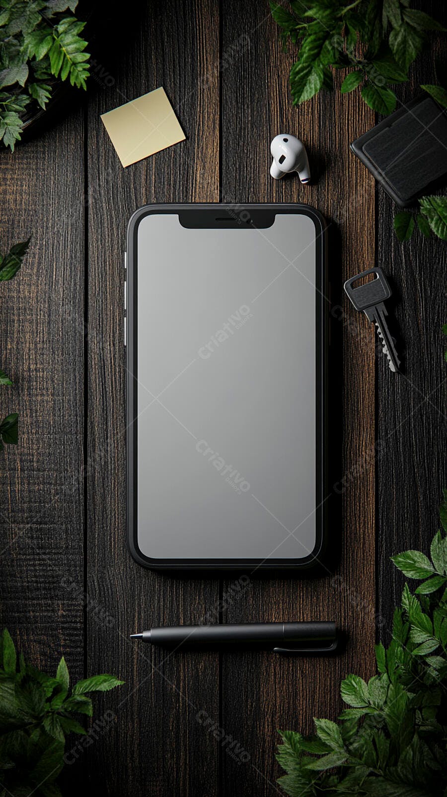 Smartphone na mesa de madeira escura com fones, caneta e folhagem verde