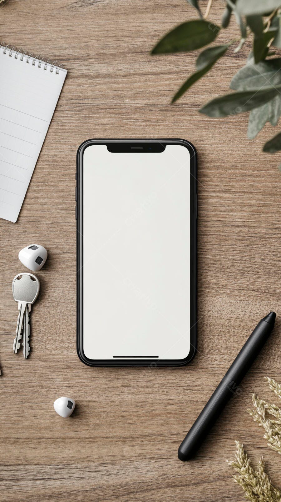 Smartphone preto mockup tela branca sobre mesa de madeira com fone e caderno