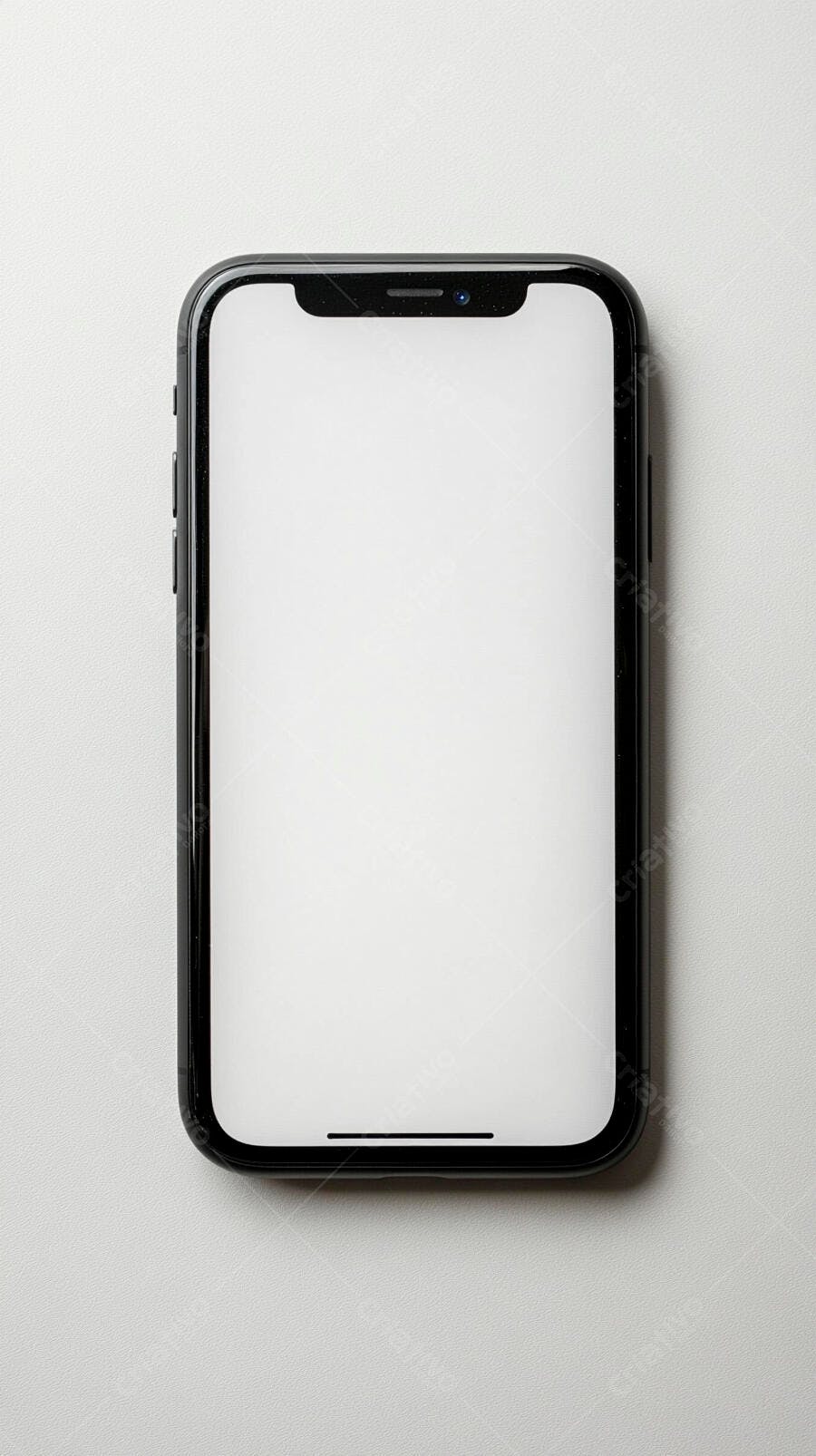 Smartphone preto com tela branca em fundo cinza claro para mock-up