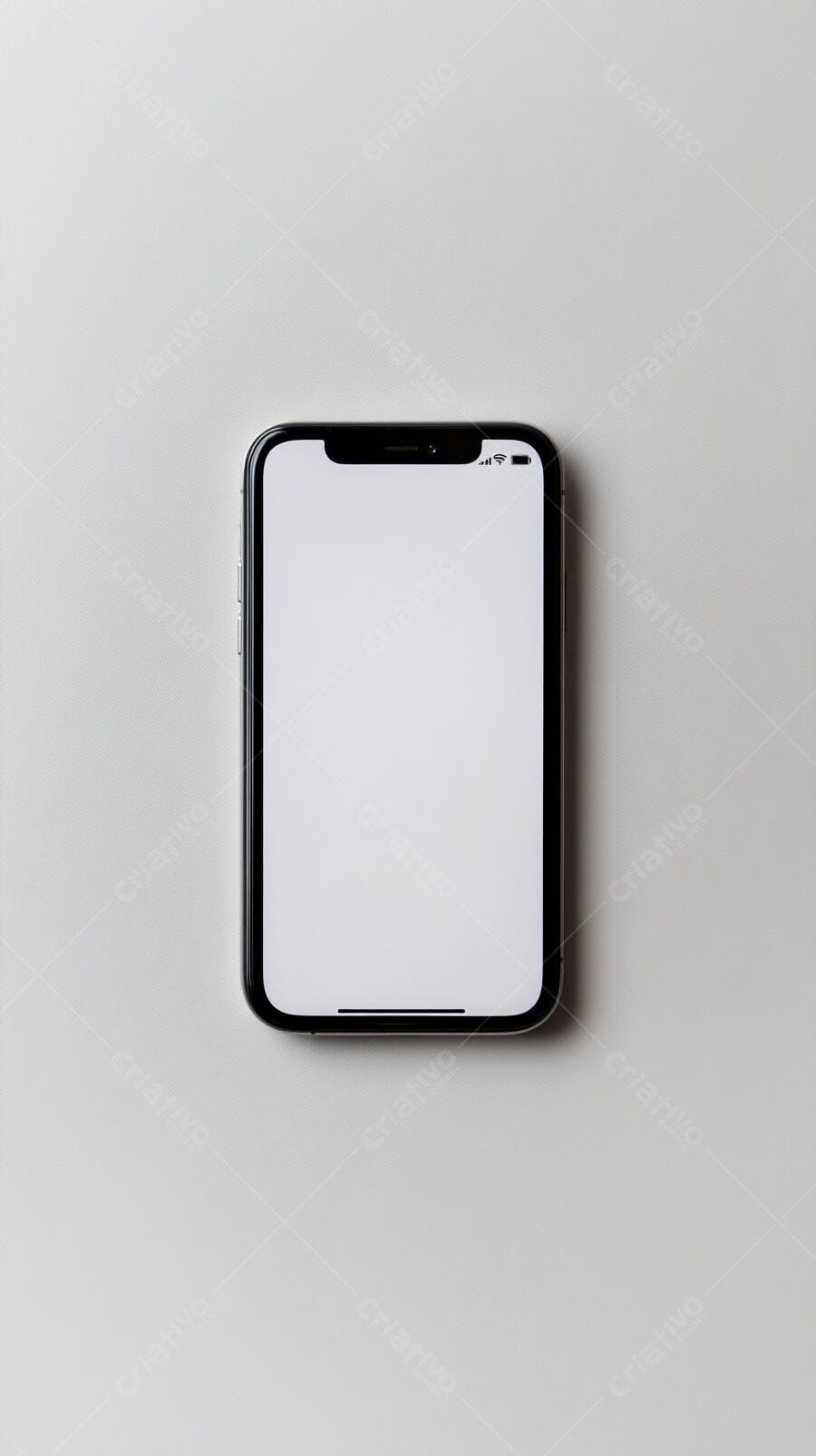 Smartphone preto tela branca vazia em fundo cinza claro vista superior