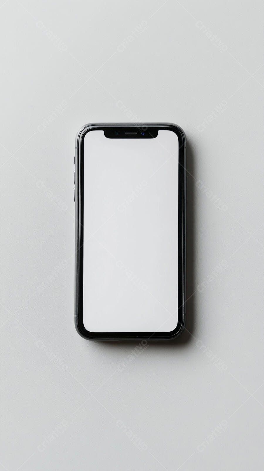 Smartphone preto com tela branca vazia em fundo claro