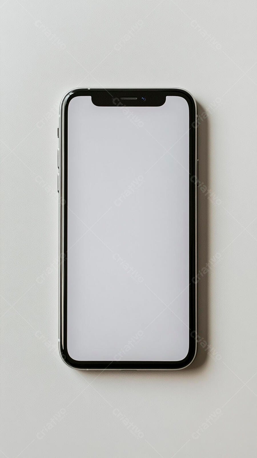 Smartphone com tela branca vazia sobre fundo cinza claro mockup vista superior