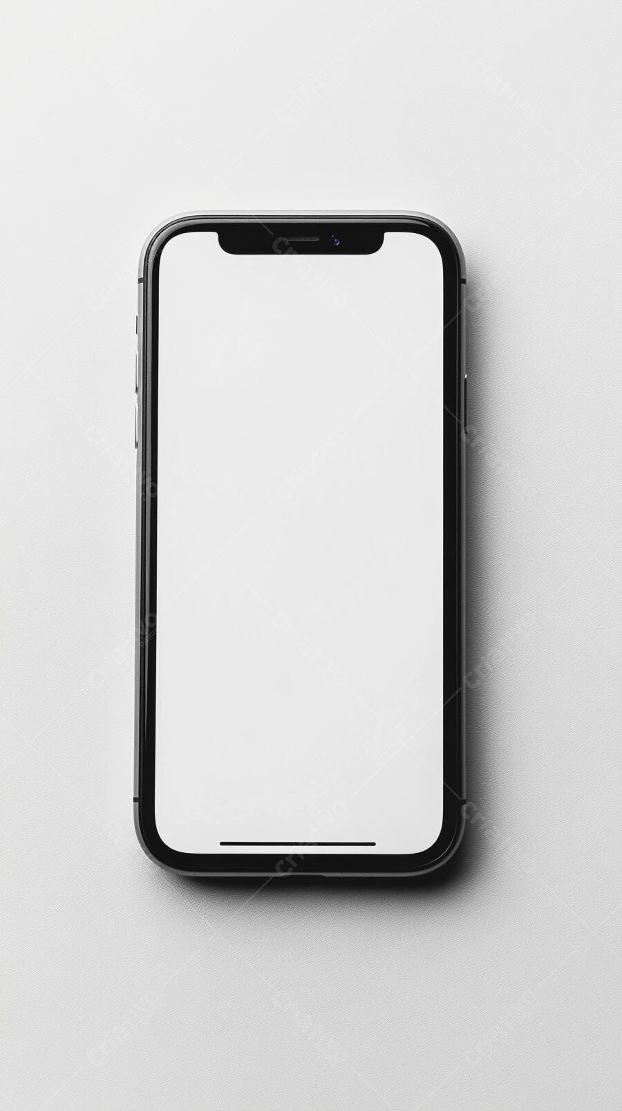 Celular preto com tela branca mockup em fundo cinza claro