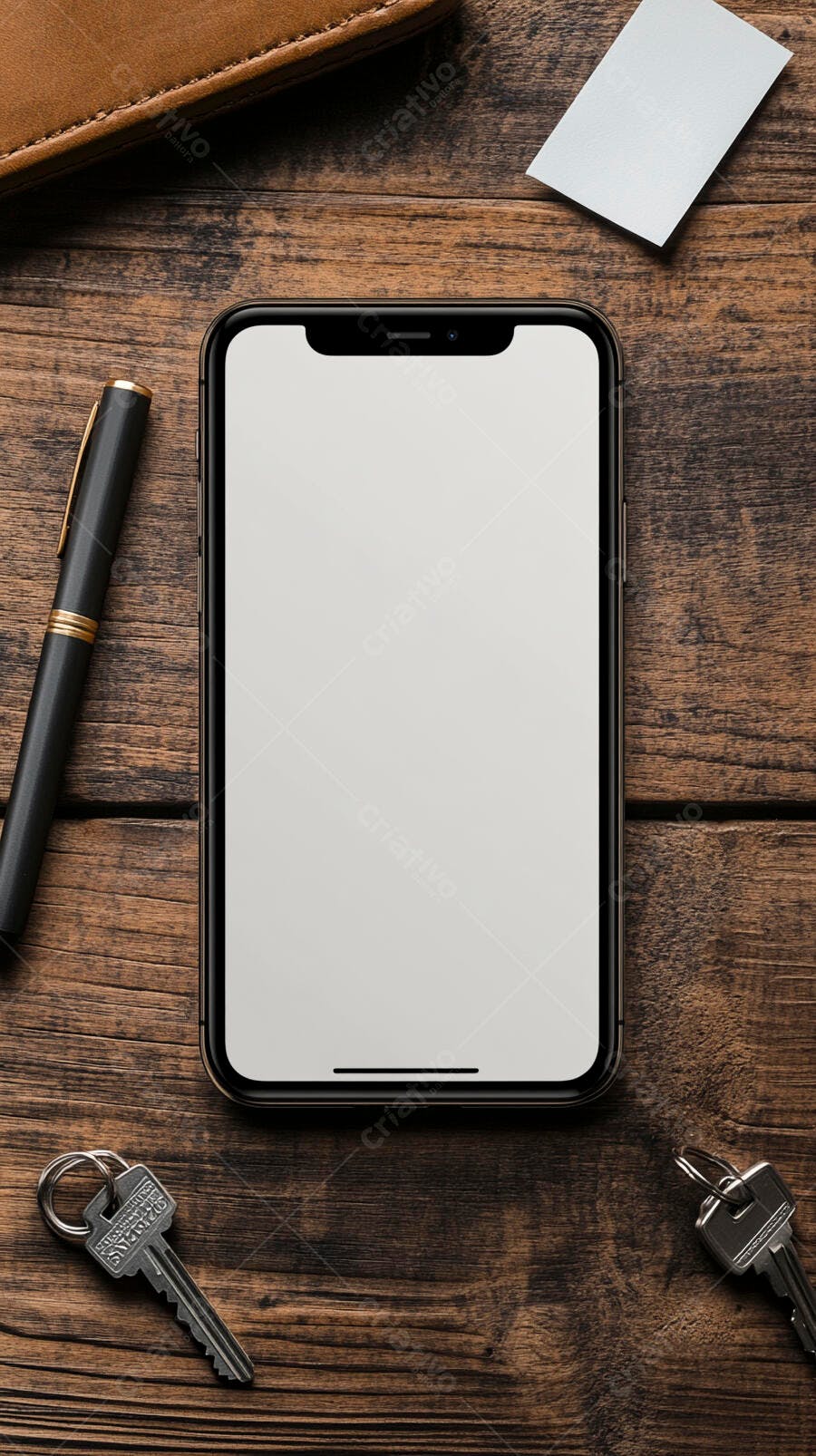 Smartphone com tela branca mockup em mesa de madeira e acessórios de trabalho