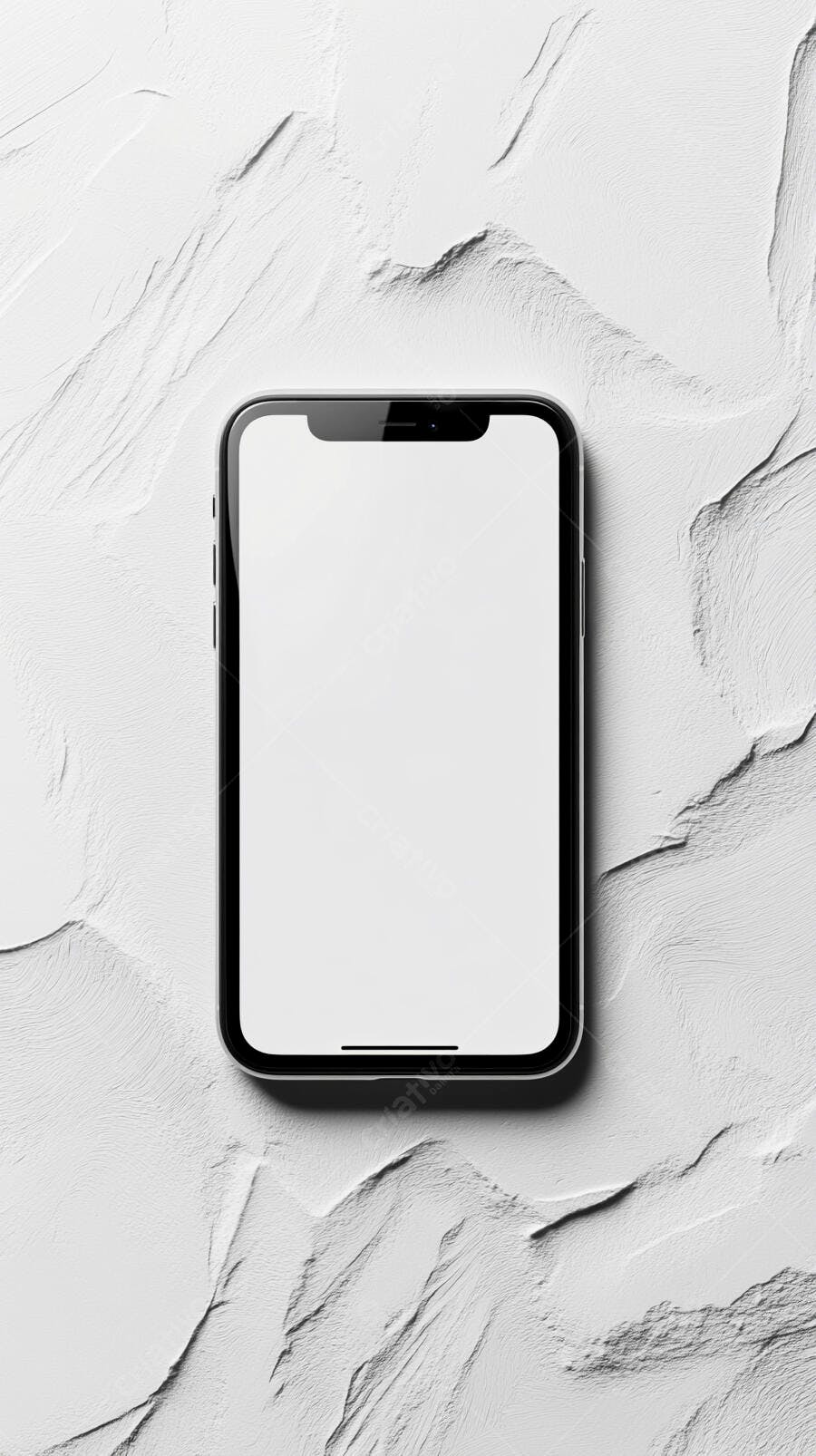 Smartphone preto com tela branca em fundo texturizado branco minimalista