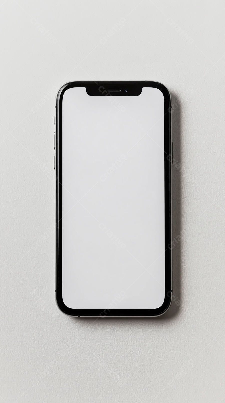 Smartphone preto com tela branca vazia em fundo cinza claro para mockup