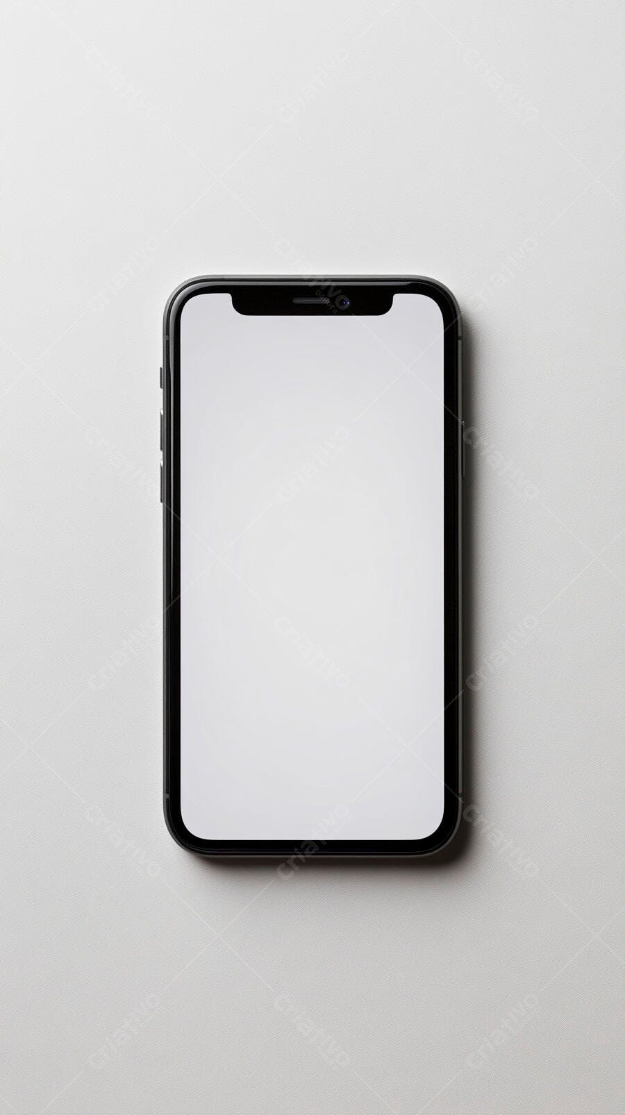 Smartphone preto com tela branca vazia em fundo cinza claro para mockups
