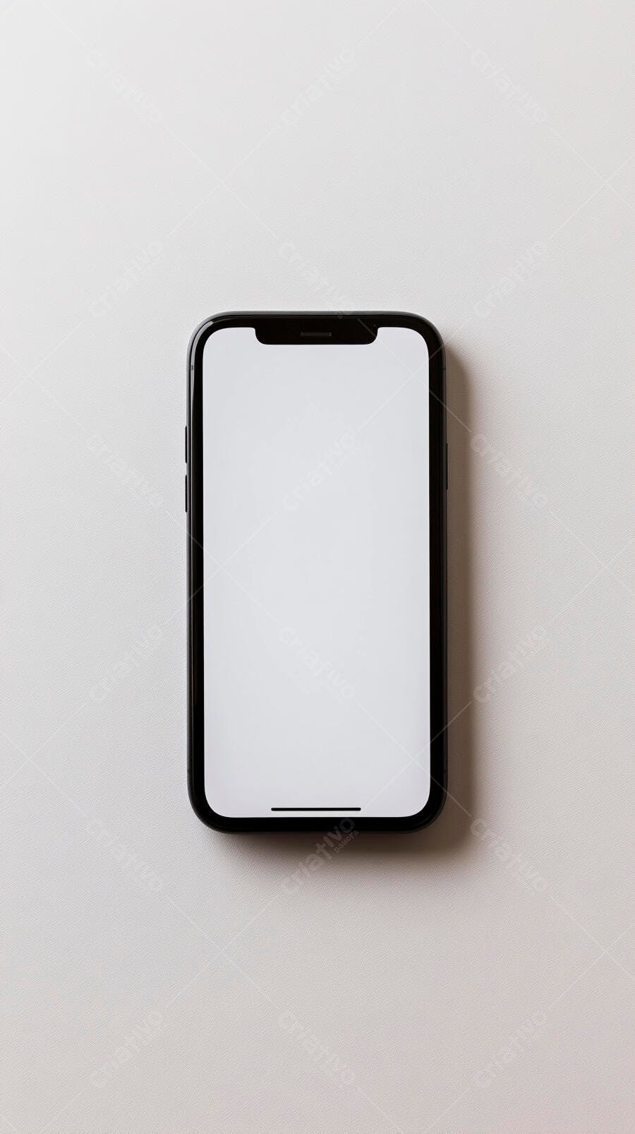 Smartphone preto com tela branca vazia sobre fundo cinza claro mockup digital
