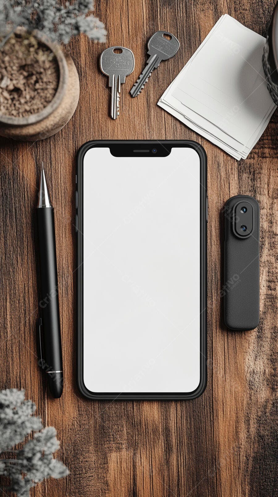 Smartphone tela branca em mesa de madeira com objetos de escritório