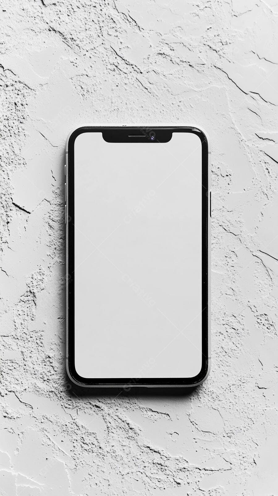 Smartphone moderno com tela branca sobre fundo texturizado cinza