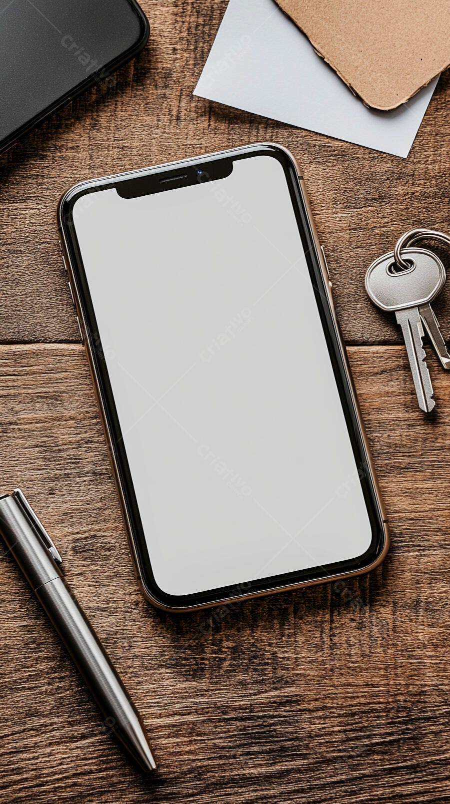 Smartphone tela branca sobre mesa de madeira com caneta e chaves