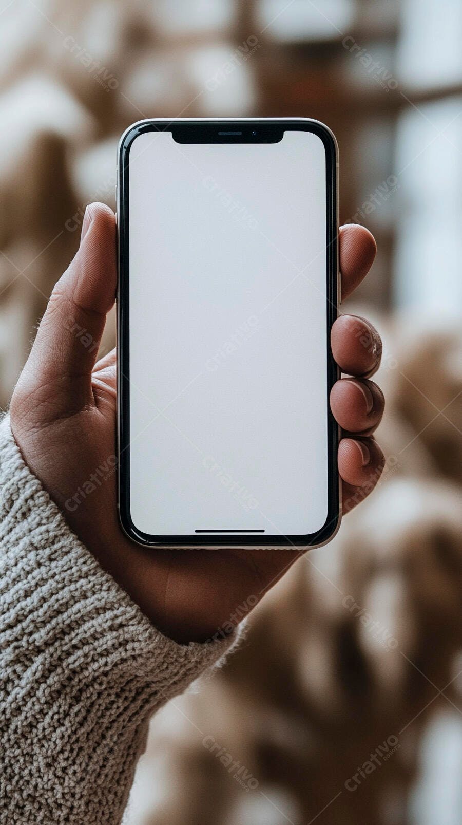 Mão segurando smartphone moderno com tela branca em suéter cinza claro
