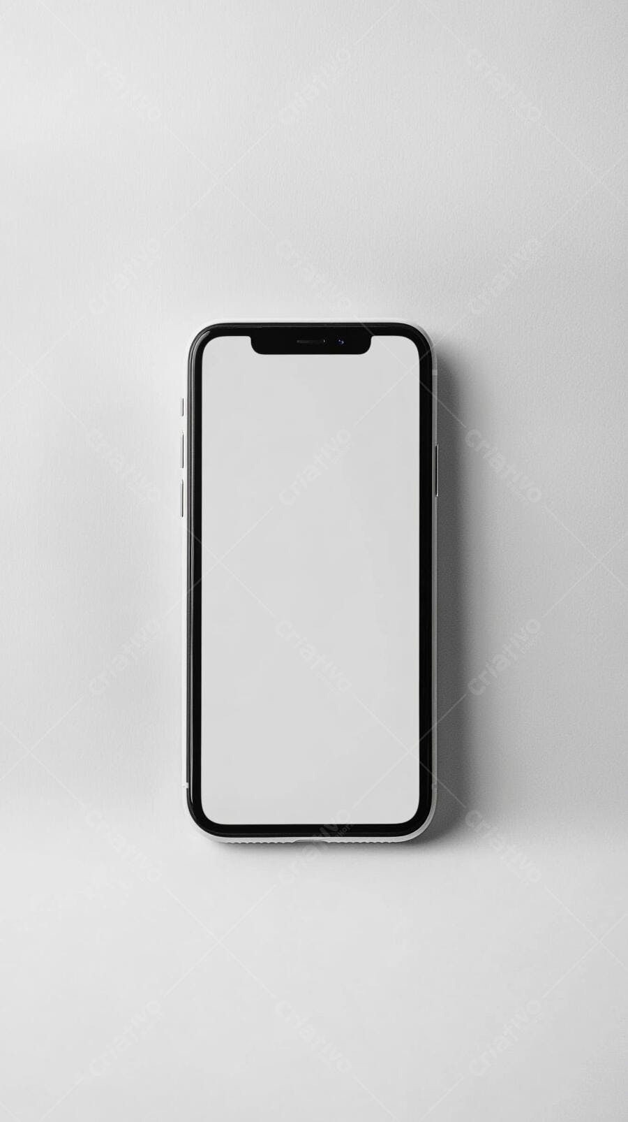 Smartphone preto com tela branca mockup vista superior em fundo claro