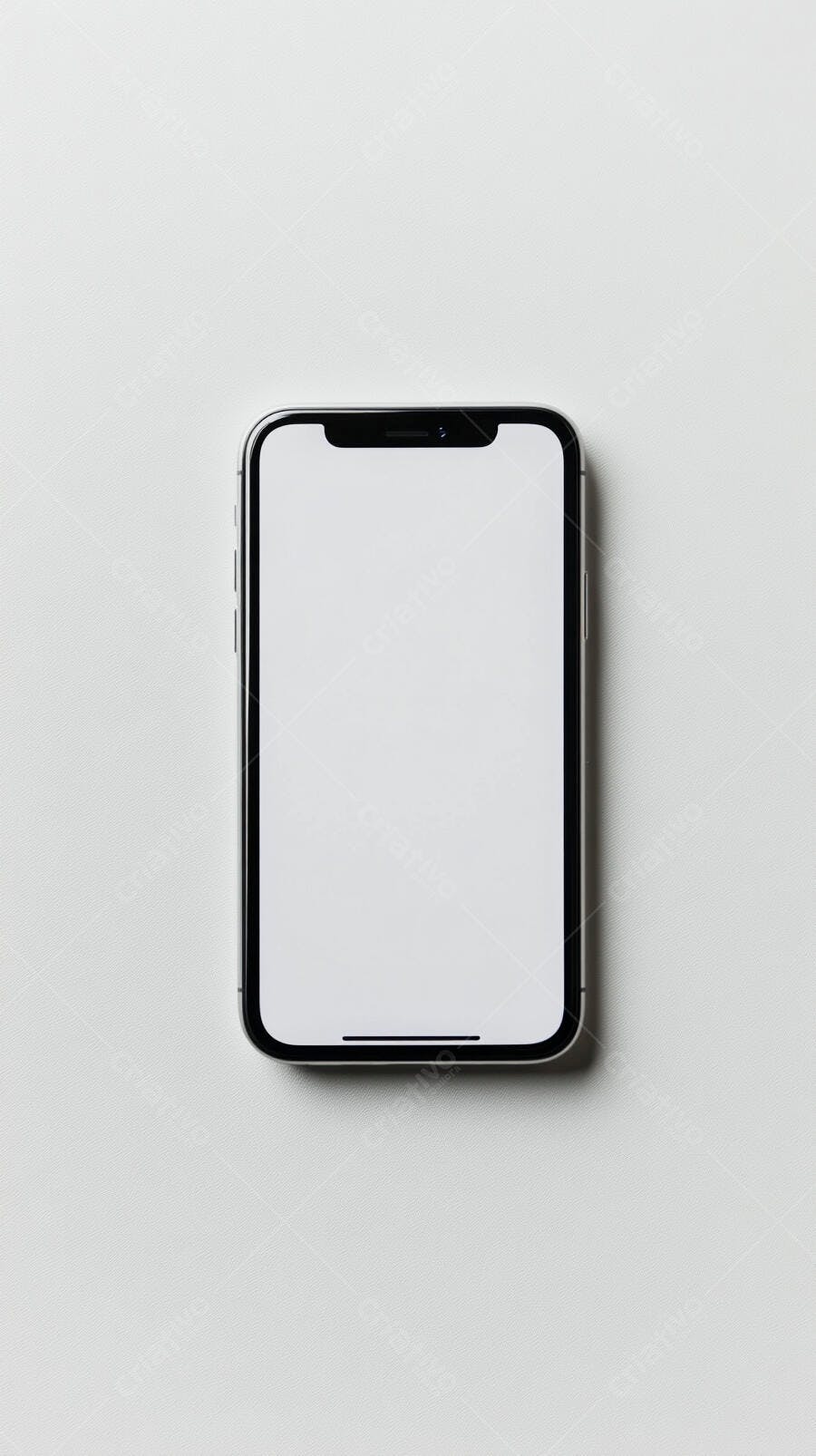 Smartphone moderno com tela branca em fundo cinza claro