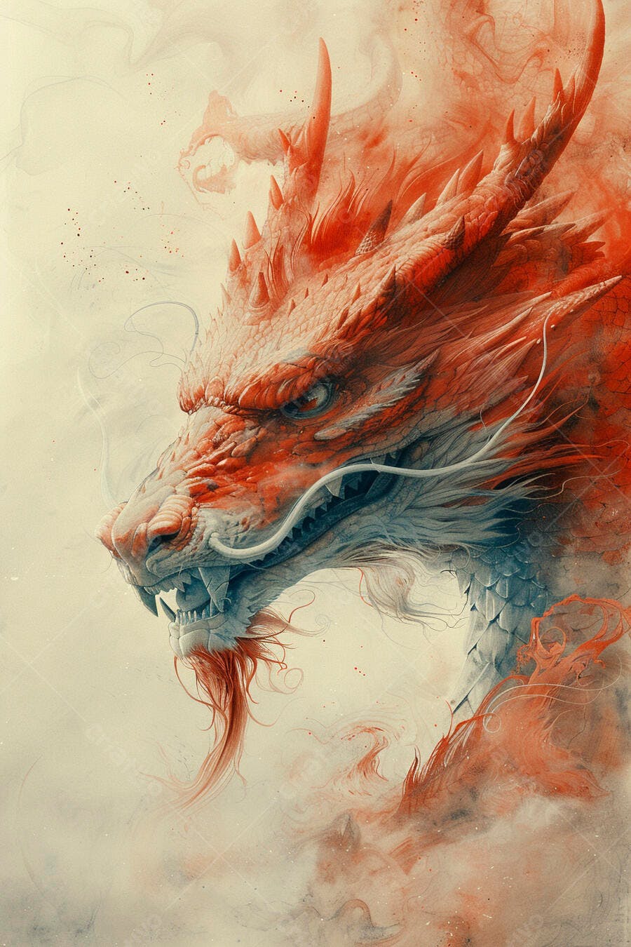 Dragão oriental vermelho e azul poderoso em fundo etéreo