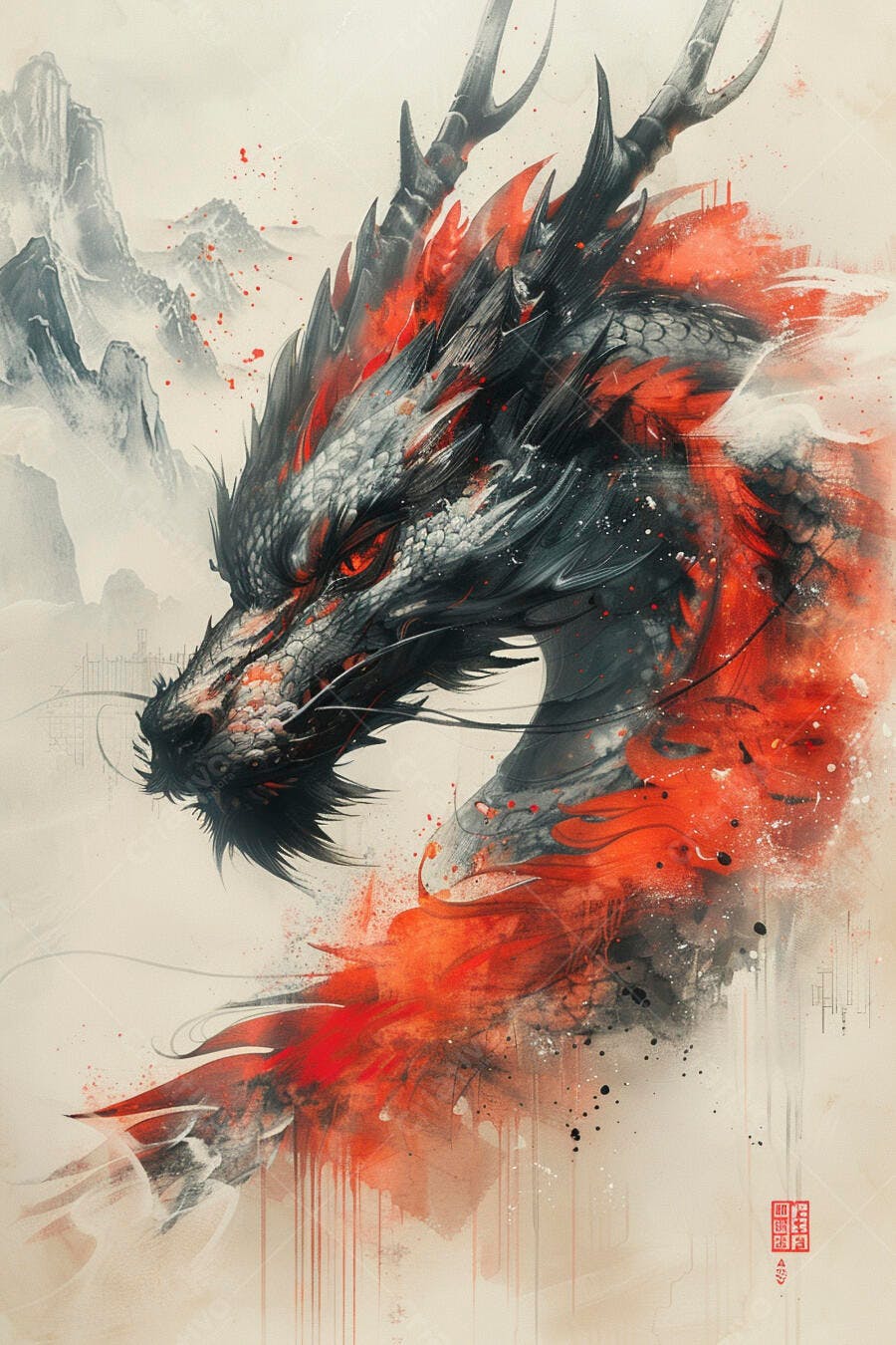 Dragão asiático sombrio com olhos vermelhos em aquarela com montanhas nebulosas