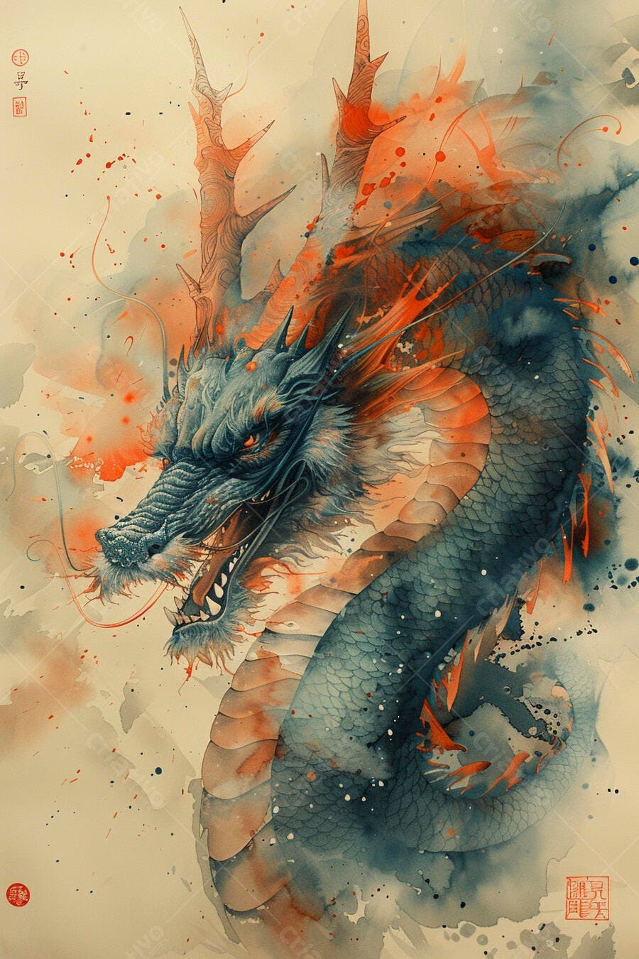 Dragão oriental azul-esverdeado e laranja em arte aquarela dinâmica