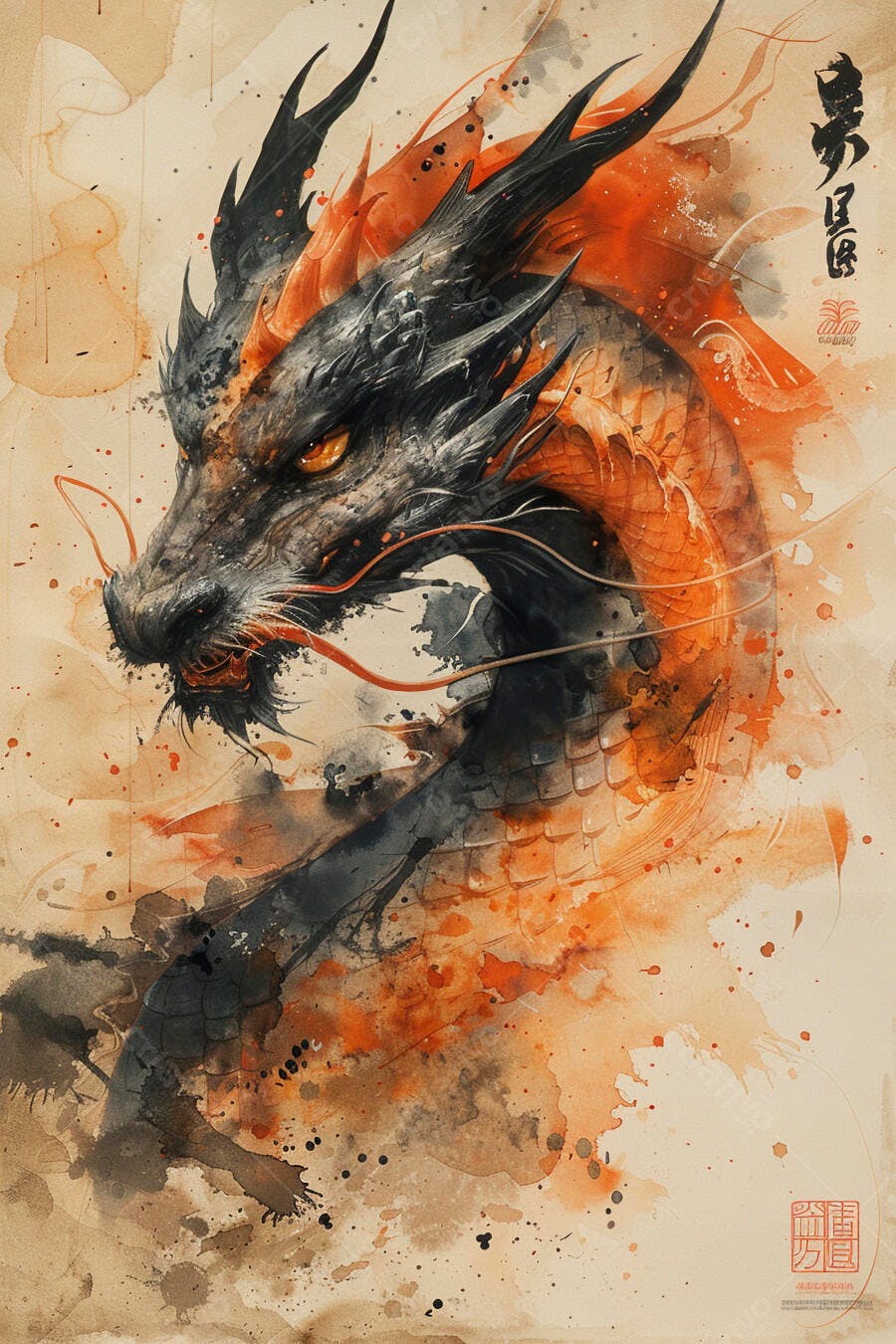 Dragão oriental feroz em aquarela preta e laranja com olhos dourados