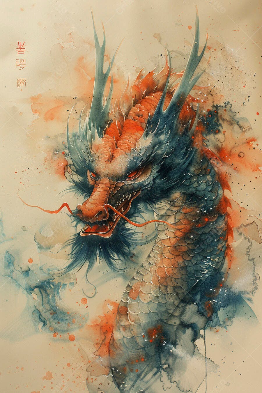 Dragão asiático em aquarela cores azul e vermelho com olhar intenso