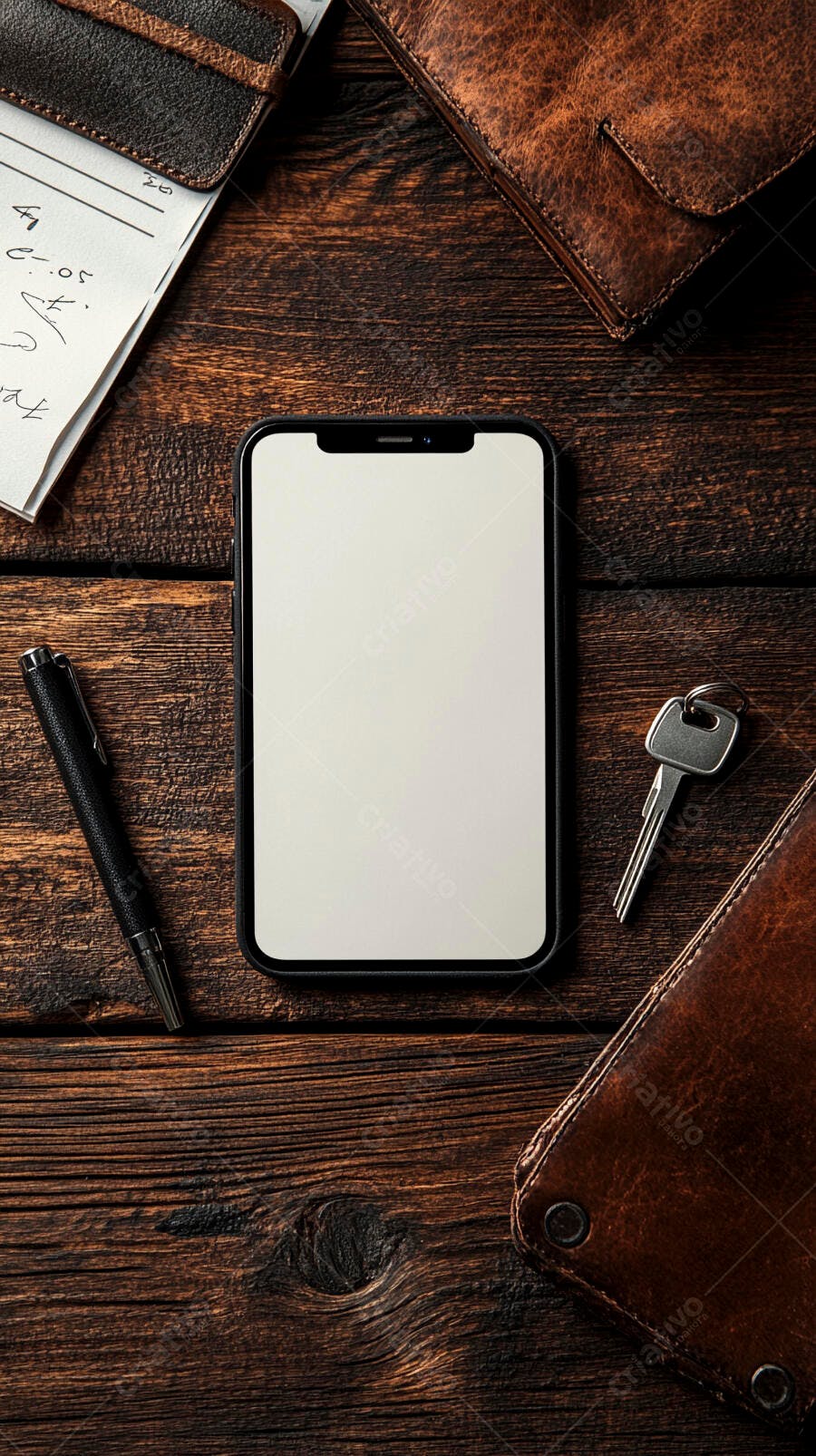 Smartphone mockup tela branca em mesa de madeira com caneta chave e carteiras de couro