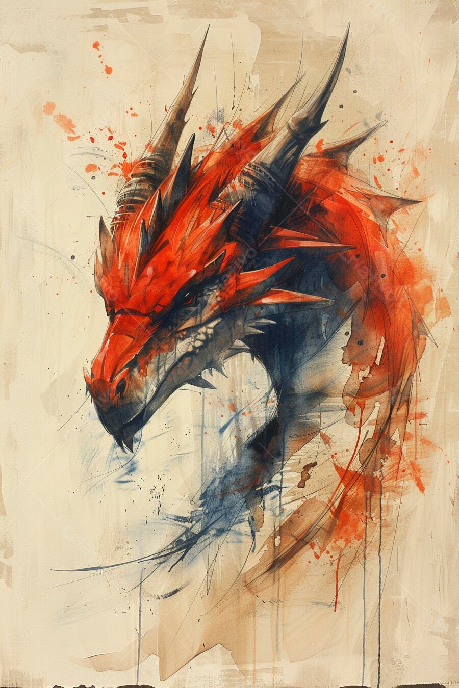 Dragão vermelho com chifres em aquarela expressiva