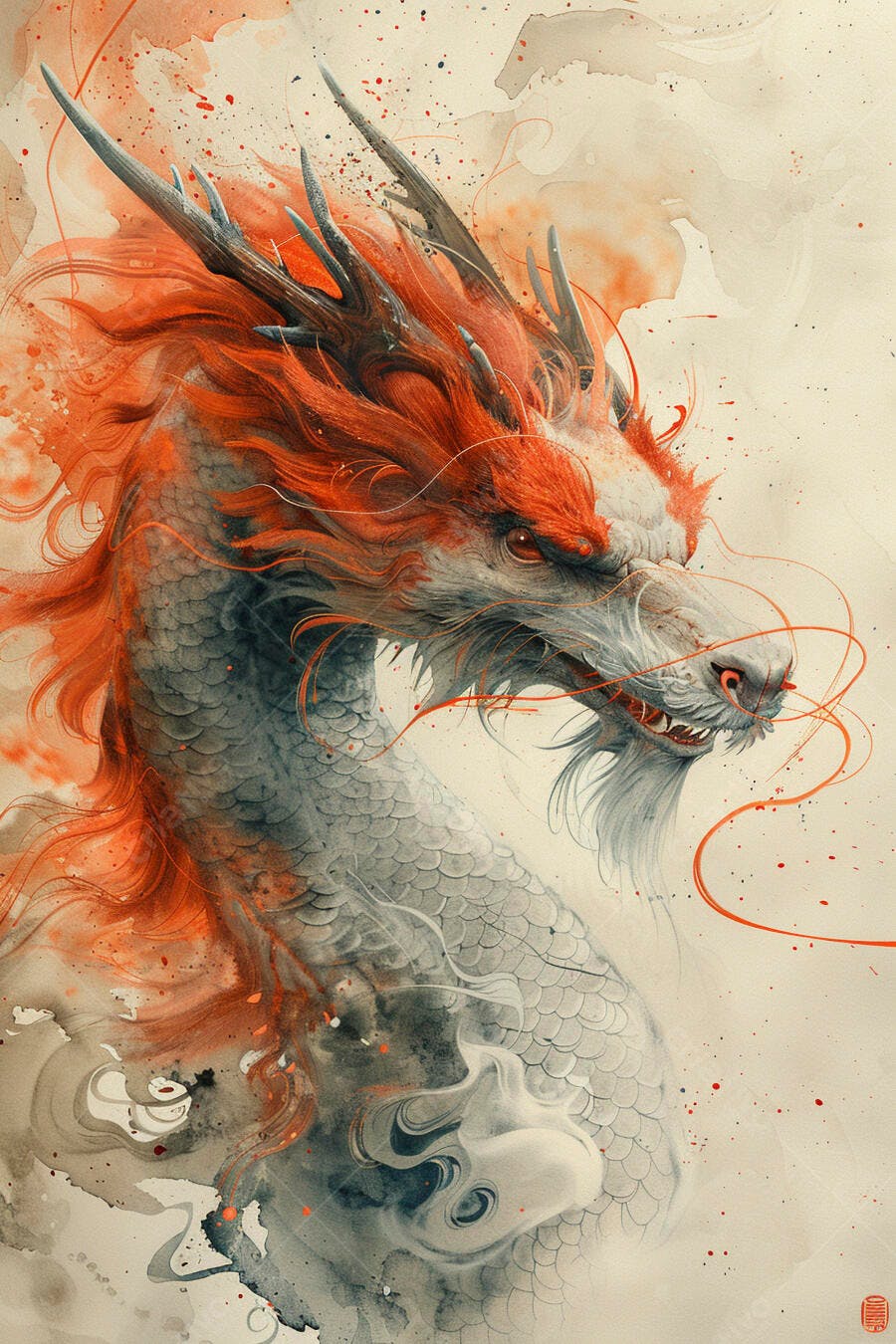 Dragão oriental em aquarela com crina laranja e escamas cinzas