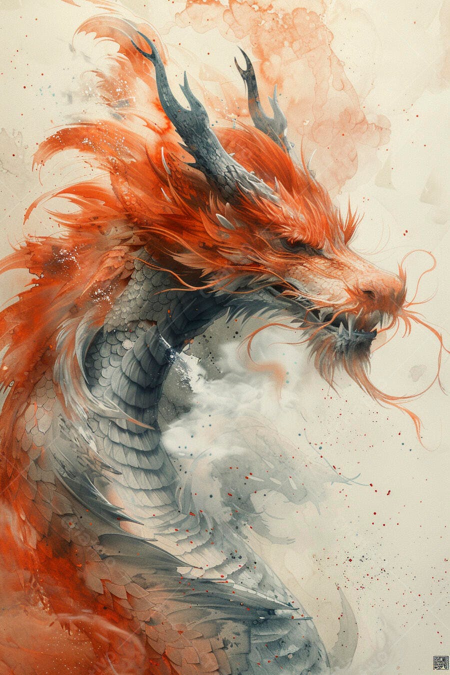 Dragão asiático místico vermelho e cinza em aquarela abstrata