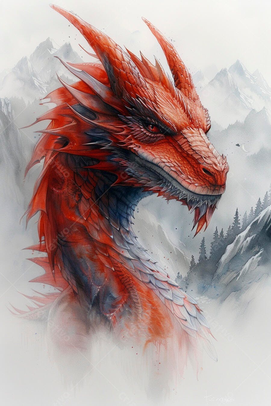 Dragão vermelho majestoso em paisagem de montanhas nevadas arte fantasia