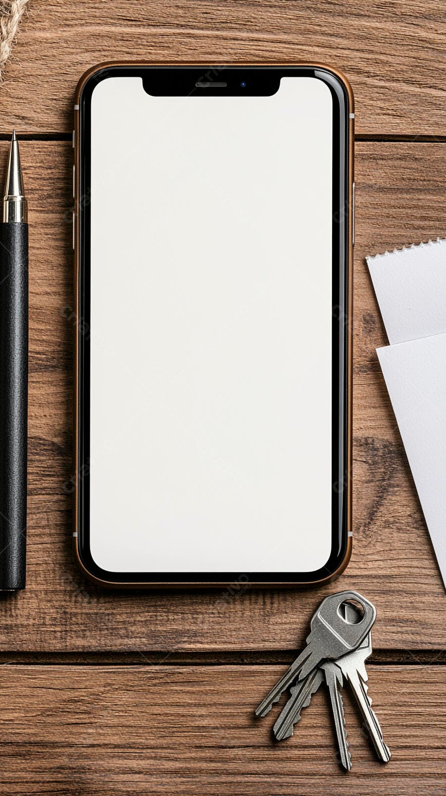 Smartphone com tela branca mockup na mesa de madeira com caneta e chaves