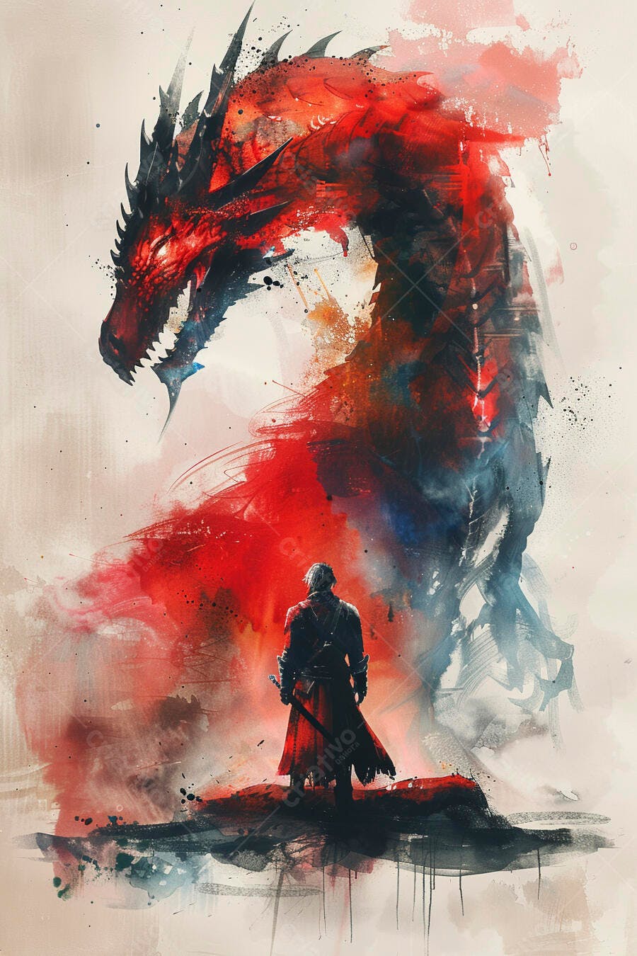 Guerreiro com espada enfrentando dragão vermelho em arte fantástica