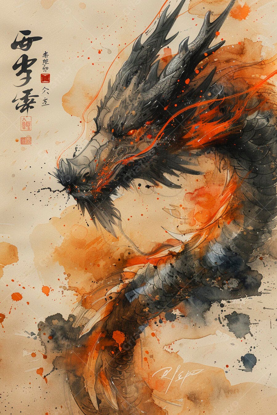 Dragão oriental poderoso em aquarela abstrata com tons laranja e preto