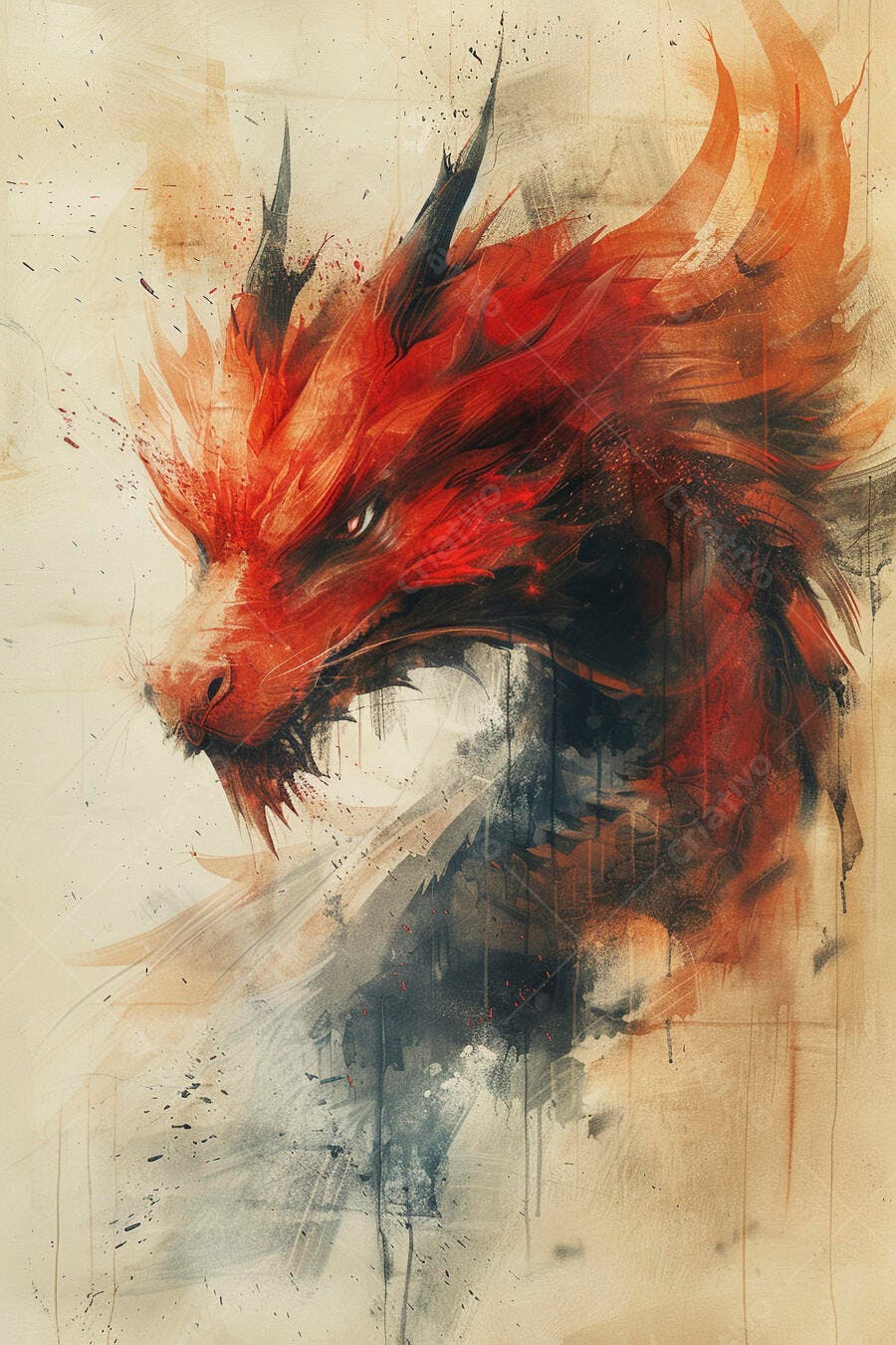Dragão vermelho e preto com cabeça feroz em estilo aquarela e fundo abstrato