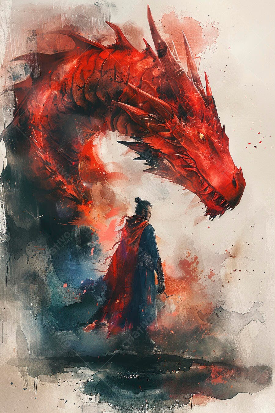 Homem de capa vermelha e dragão imponente em arte digital aquarela