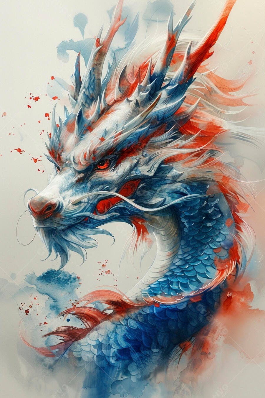 Dragão oriental em aquarela com detalhes vibrantes azul vermelho e branco