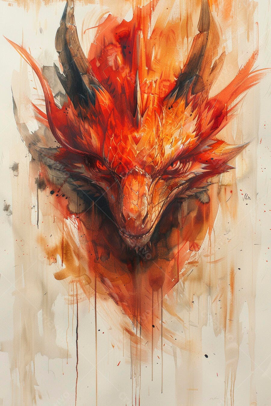 Dragão de fogo místico em aquarela vibrante retrato intenso