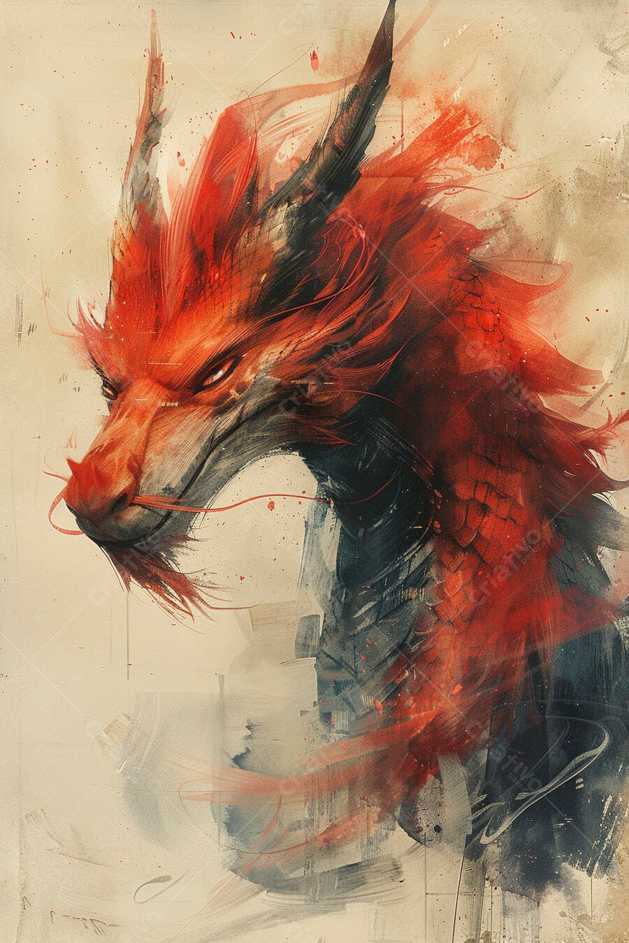 Dragão vermelho e preto em aquarela com olhar intenso e chifres