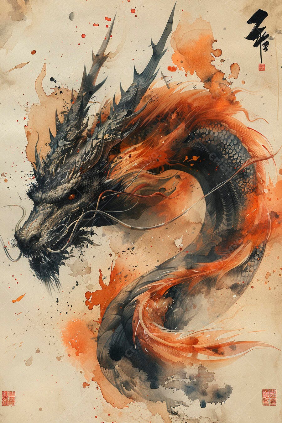 Dragão oriental em aquarela com tons laranja e cinza fundo bege