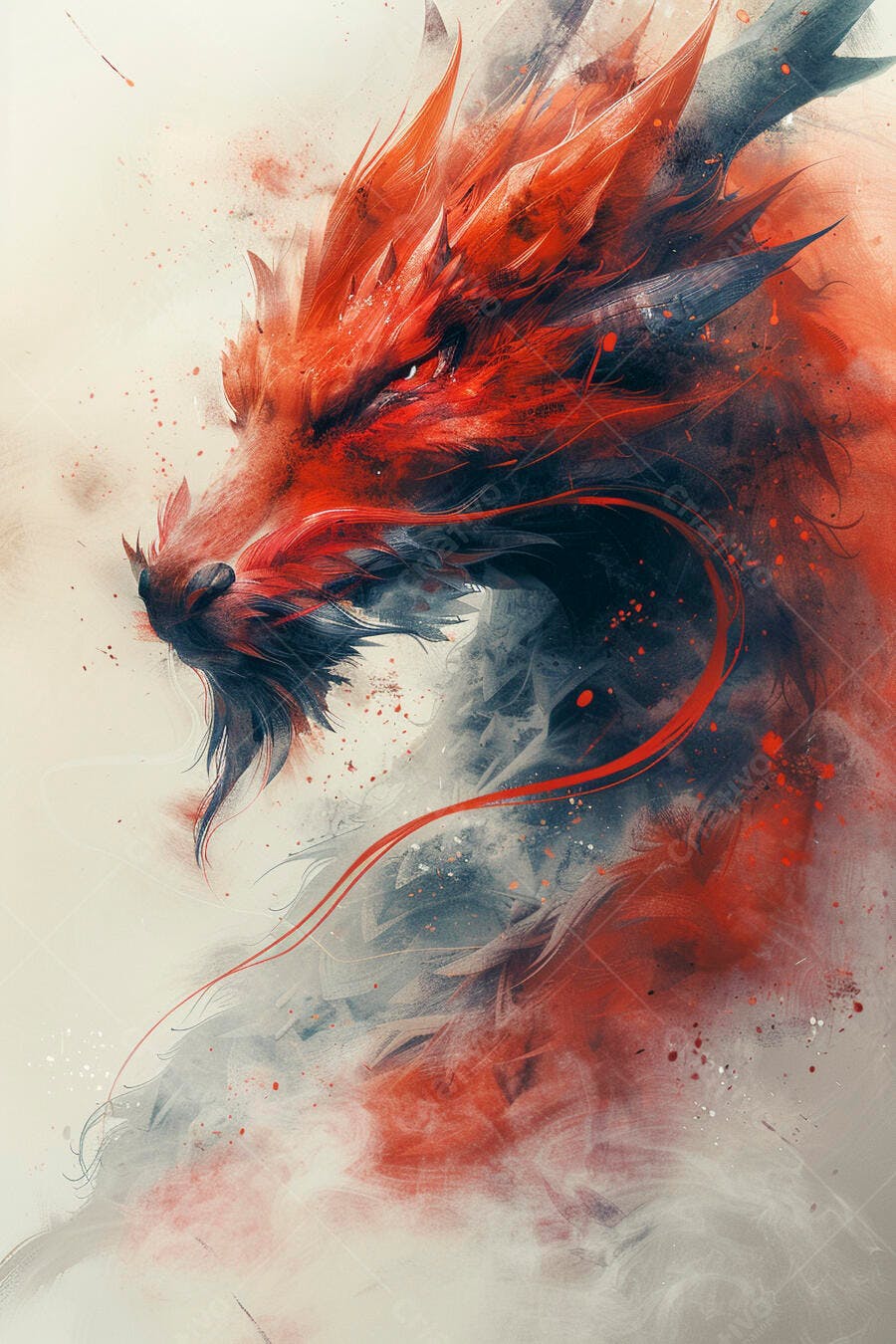 Dragão vermelho e preto estilo aquarela com olhar dinâmico e intenso