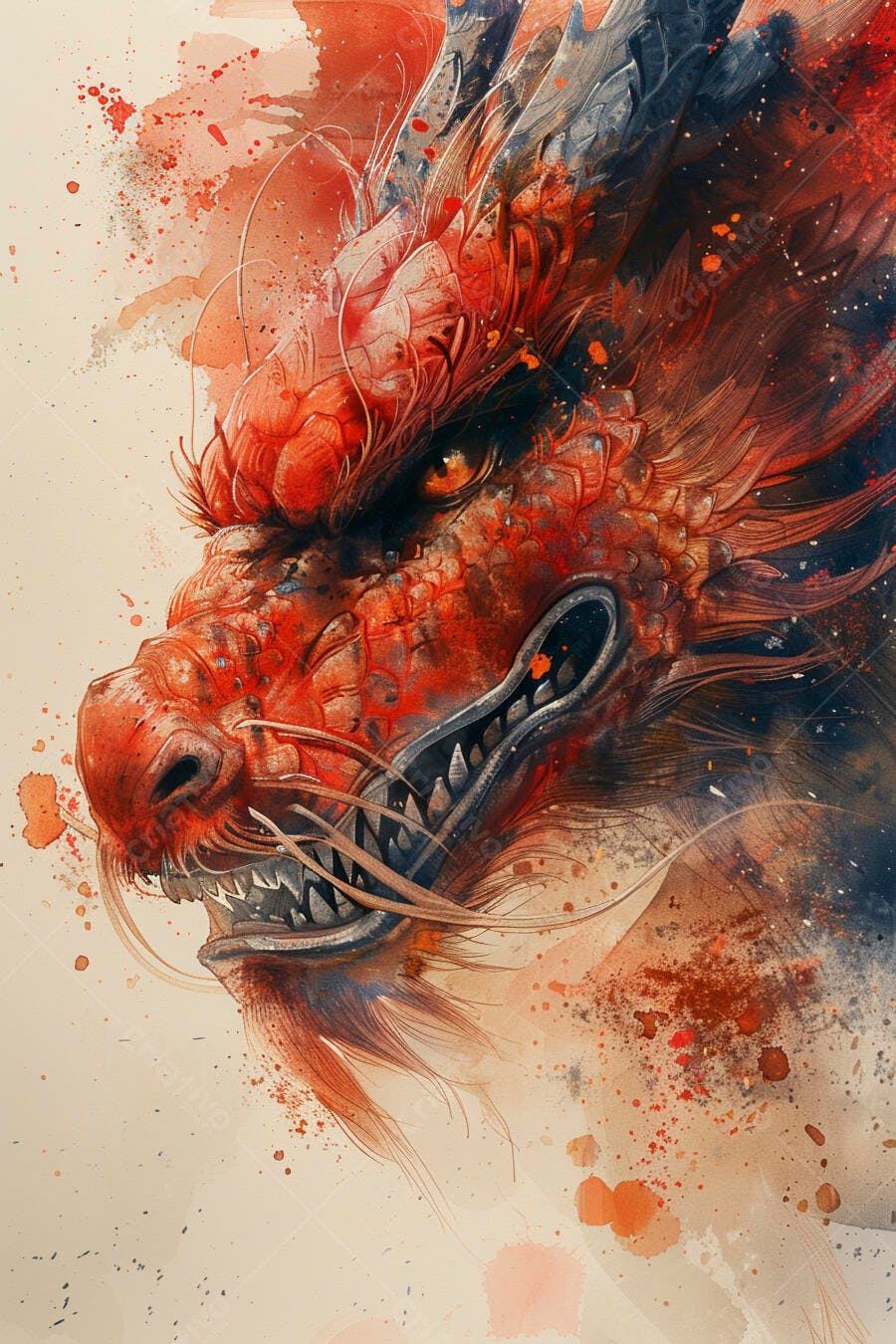 Dragão vermelho furioso ilustração aquarela vibrante respingos de tinta