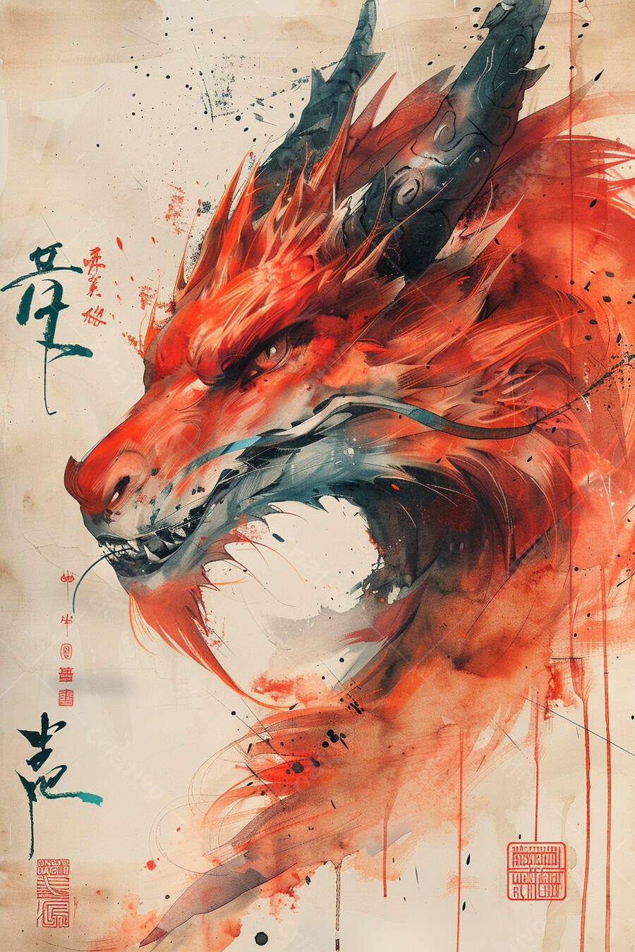 Dragão vermelho aquarela arte asiática com caligrafia em fundo claro vibrante