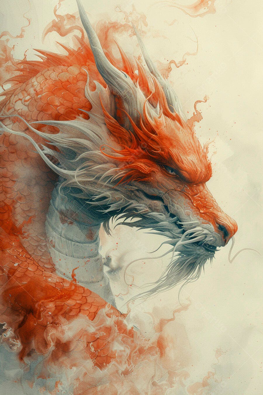 Dragão oriental majestoso em tons de laranja e cinza atmosfera etérea
