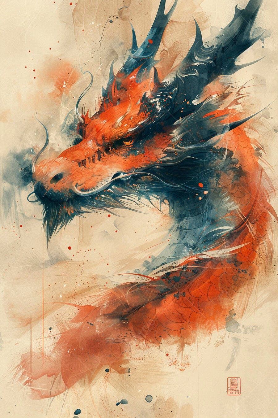 Dragão mítico oriental em aquarela tons laranja e azul escuro