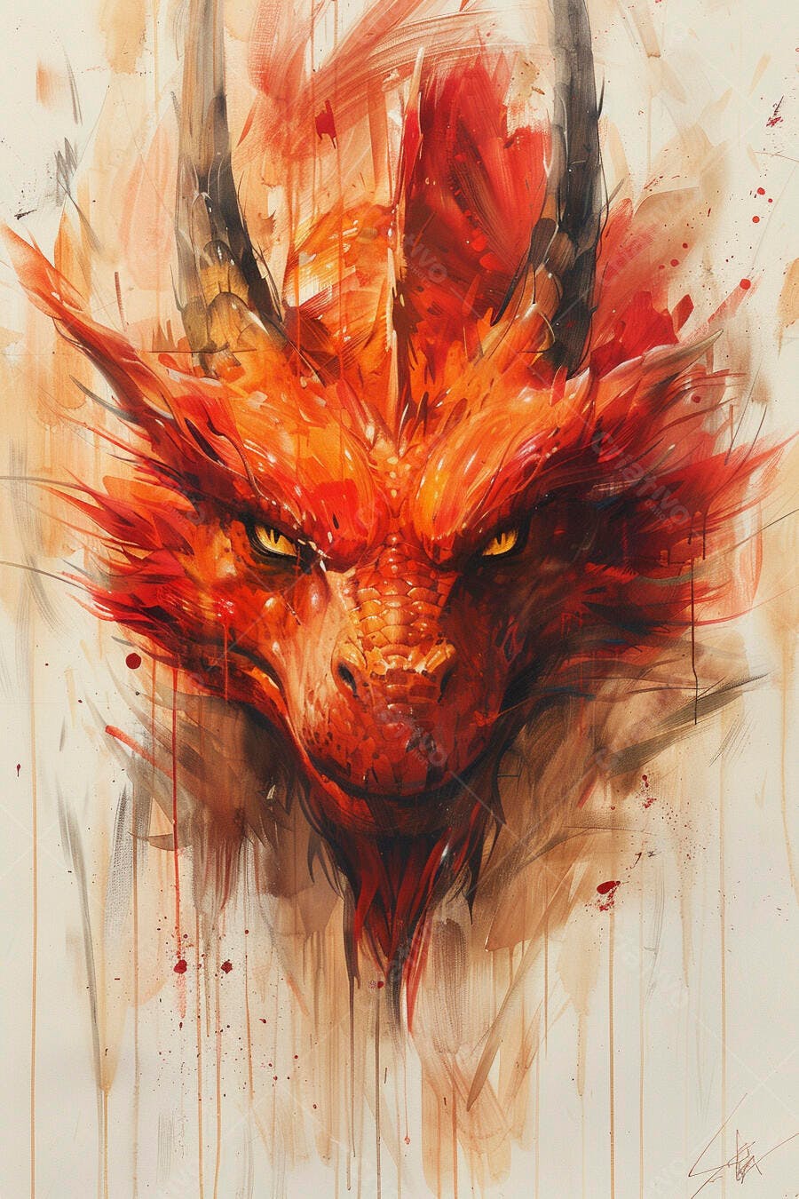 Cabeça de dragão vermelha em pintura aquarela estilo oriental
