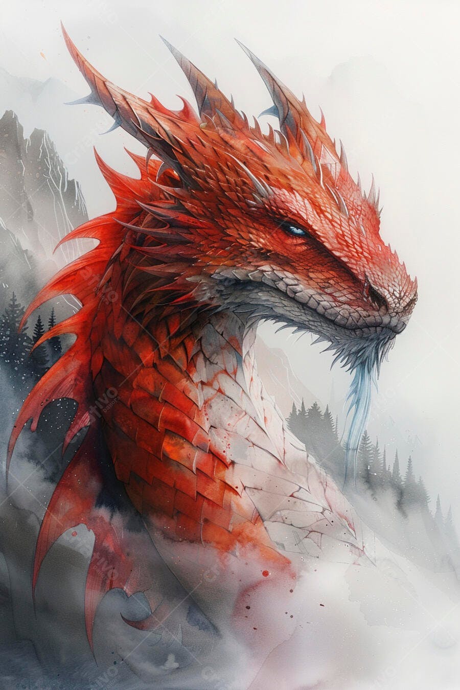 Dragão vermelho imponente com olhos azuis na névoa da montanha