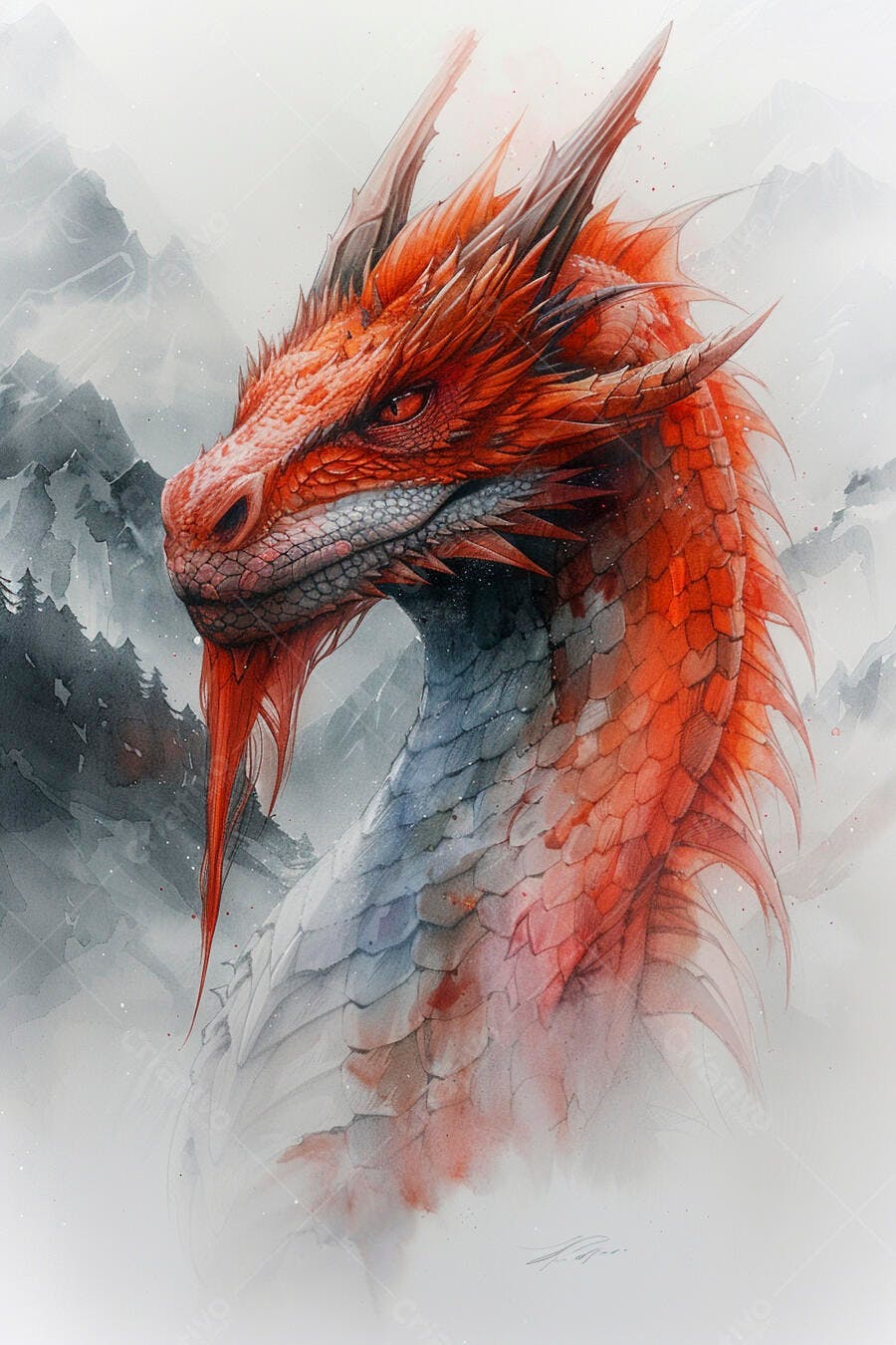 Dragão vermelho e branco em aquarela com montanhas nebulosas ao fundo